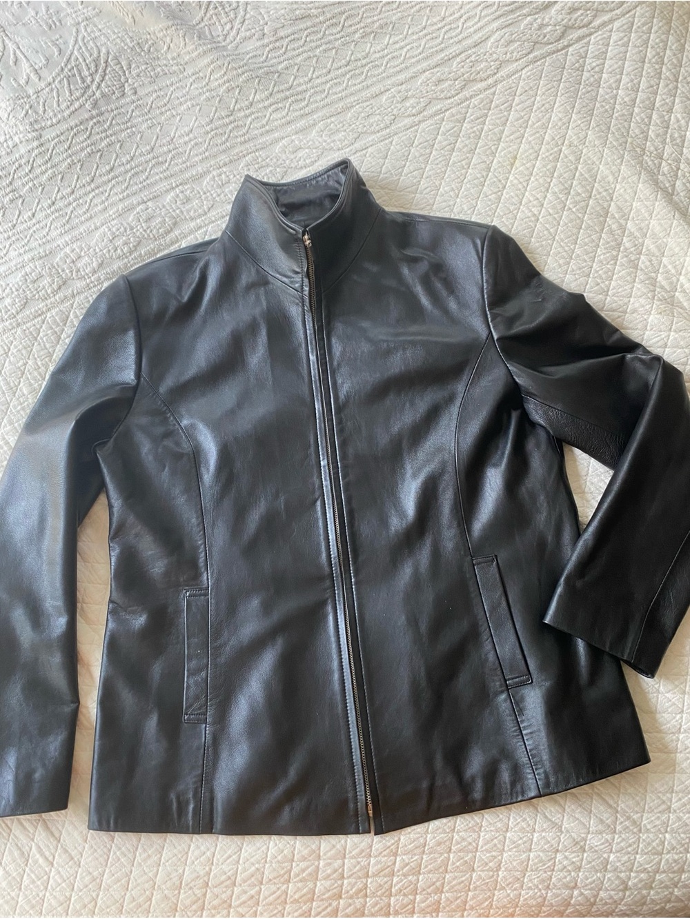 Black Italian Leather Zip Jacket Sleek Vintage Retro Classic Minimalist Large